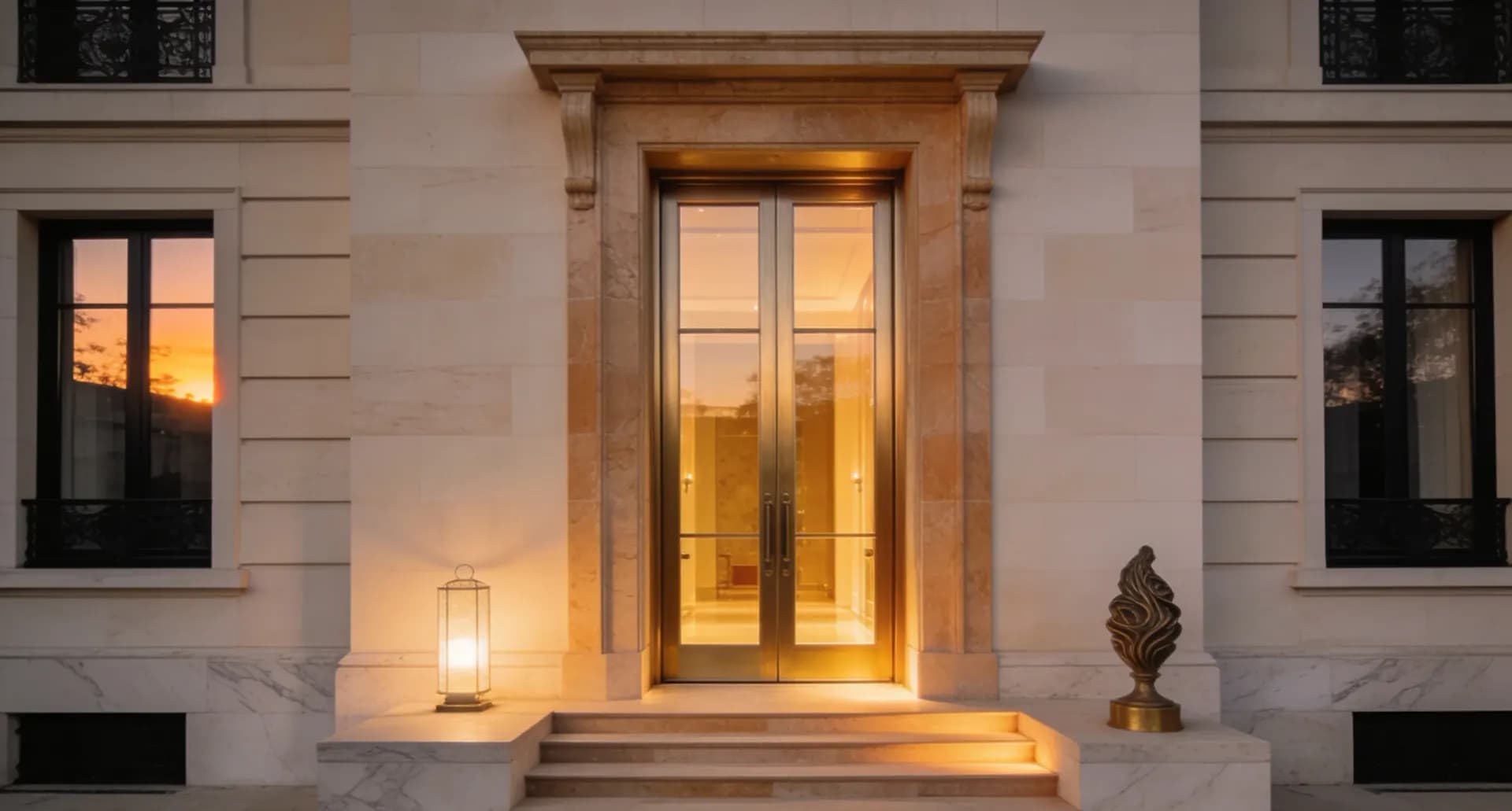 A signature building doorway at dusk in warm light.