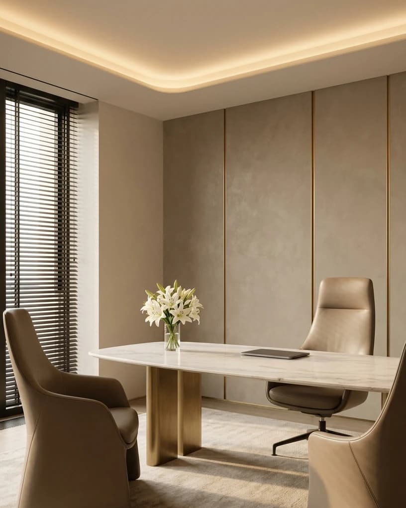 A warm marble-and-brass interior in soft daylight.